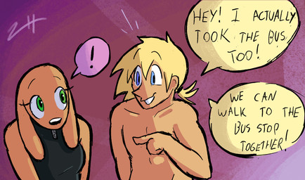 anthro beach black_clothing black_swimwear blonde_hair blue_eyes clothing color_coded color_coded_speech_bubble dialogue duo exclamation_point female green_eyes hair male ponytail smile speech_bubble swimwear text tied_hair biscotti5000 jane_(biscotti5000) sam_(biscotti5000) canid canine canis domestic_dog human mammal english_text hi_res