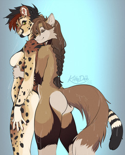 anthro biped breasts butt claws countershade_torso countershading duo female fingers fur hair nude nude_anthro nude_female piercing rear_view smile spots standing stripes tail wet kittydee canid canine felid feline mammal 2025 digital_drawing_(artwork) digital_media_(artwork) hi_res