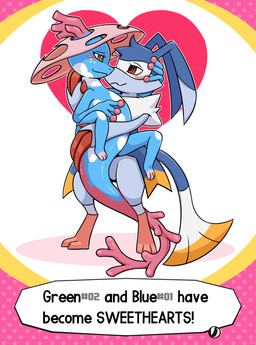 3_fingers anthro blue_body blush carrying_another duo female feral fingers fluffy fluffy_chest hug long_tail looking_at_another male male/female orange_eyes tail yellow_eyes vavacung beastieball beastie_(species) handicoot mammal reptile scalie surgus hi_res