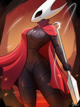 2_horns anthro black_body black_eyes breasts cloak clothing featureless_breasts featureless_crotch female glistening glistening_body glistening_breasts horn melee_weapon red_cloak red_clothing solo sword weapon kainleaf hollow_knight_(franchise) team_cherry hornet_(hollow_knight) arthropod insect 2025 3:4 hi_res