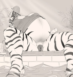 5_fingers anthro areola belly big_belly biped bottomless bottomless_anthro bottomless_female breasts calf_muscles clitoris clothed clothed_anthro clothed_female clothing container cup darkened_genitalia darkened_vulva drinking_straw exposed_breasts eyelashes facial_markings female female_anthro fingers foreshortening fur genitals glass glass_container glass_cup hand_on_belly hand_on_own_belly hat head_markings headgear headwear looking_at_viewer low-angle_view markings nipples outside partially_submerged plant poolside pregnant pregnant_anthro pregnant_female presenting sitting sky solo spread_legs spreading striped_arms striped_body striped_face striped_fur striped_legs striped_markings stripes sun_hat swimming_pool text vulva water phathusa izzabelle_frost equid equine mammal zebra 2024 absurd_res artist_name dated greyscale hi_res monochrome