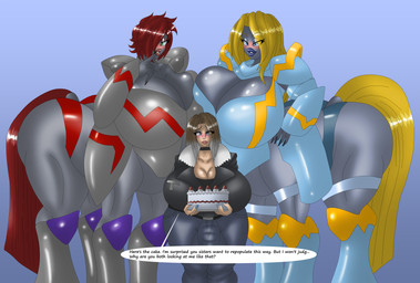 big_breasts big_butt blonde_hair breast_squish breasts brown_hair butt clothing female group hair huge_breasts palmorph red_hair size_difference squish text thick_thighs trio wide_hips silentpassion european_mythology greek_mythology mythology palworld pocketpair alexia_(elitedog) centaur equid equid_taur equine human humanoid_taur mammal mammal_taur necromus pal_(species) paladius taur absurd_res english_text hi_res