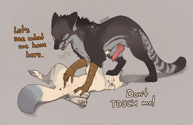 animal_genitalia animal_penis animal_vulva anus balls belly_nipples bodily_fluids butt canine_genitalia canine_penis canine_vulva claws dialogue digitigrade duo erection explicitly_stated_nonconsent feet female female_feral feral feral_on_feral fingering foot_on_face forced fur fur_markings gaping genital_fluids genitals hindpaw imminent_rape imminent_sex interspecies knot knotted_penis larger_feral larger_male lying male male_feral markings multi_nipple nipples pawpads paws penis precum presenting presenting_vulva quadruped questionable_consent rape scuted_arms scutes sex size_difference smaller_female smaller_feral snout spread_vulva spreading standing struggling talons text toes vaginal vaginal_fingering vaginal_fluids vulva whisker_spots whiskers eeeevio mythology rauron canid canine enfield fox hybrid mammal mythological_creature digital_drawing_(artwork) digital_media_(artwork) english_text hi_res