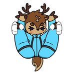 anthro antlers blue_clothing blush brown_body brown_fur clothed clothing disembodied_hand duo eyes_closed flexible fur horn jumpsuit legs_up male mouthless simple_background solo_focus teasing phant0mhat pixile_studios super_animal_royale deer mammal absurd_res hi_res sketch