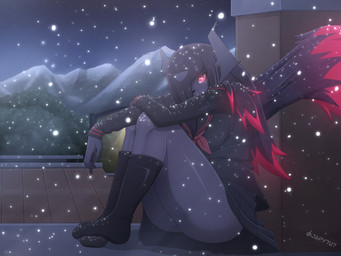 anthro big_butt black_body black_fur black_hair bottomwear butt clothed clothing female fur grey_body grey_skin hair horn looking_at_viewer multicolored_hair one_wing outside red_body red_eyes red_fur red_hair school_uniform skirt snow solo thick_thighs two_tone_hair uniform wide_hips wings japy7u7 nintendo pokemon absol canid canine generation_3_pokemon generation_6_pokemon generation_9_pokemon mammal mega_absol mega_absol_z mega_evolution pokemon_(species) absurd_res hi_res