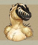 fur looking_at_viewer smile solo tan_body tan_fur teeth inkmaven dinosaur dromaeosaurid prehistoric_species reptile scalie theropod 2020 digital_media_(artwork) headshot_portrait portrait