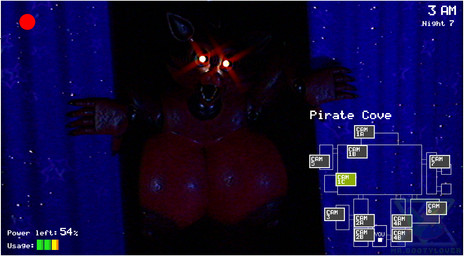 anthro big_breasts breasts camera crossed_legs curtains desk female furniture glowing glowing_eyes huge_breasts hyper hyper_breasts large_female machine nipples open_mouth red_nipples security security_camera sharp_teeth solo table teeth text mr.bootylover octal_(modeler) five_nights_at_freddy's scottgames foxy_(fnaf) animatronic canid canine fox mammal robot 3d_(artwork) digital_media_(artwork) english_text