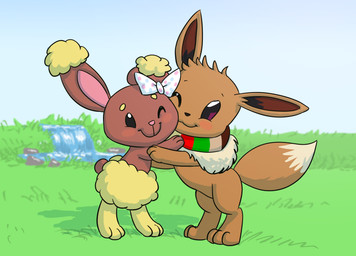 blush bow_ribbon duo female feral grass hug male male/female nuzzling one_eye_closed outside paws plant pond rock scarf standing waterfall wink carniscorner nintendo pokemon arth_the_eevee cream_the_buneary buneary eevee generation_1_pokemon generation_4_pokemon pokemon_(species) 2015 absurd_res colored hi_res shaded