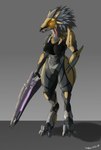 3_fingers 3_toes anthro armor beak beam_rifle breasts claws cuisse digitigrade energy_weapon fangs feather_hair feathered_crest feathers feet female fingers glistening glistening_body glowing glowing_eyes gold_(metal) gold_armor grey_body grey_feather_hair grey_feathers gun hand_on_hip head_crest headgear helmet holding_gun holding_object holding_ranged_weapon holding_weapon non-mammal_breasts poleyn pseudo_hair ranged_weapon rerebrace simple_background solo spaulder standing teeth thick_thighs toe_claws toes vambrace weapon wide_hips yellow_eyes dragclan halo_(series) microsoft xbox_game_studios alien avian kig-yar scalie t'vaoan 2020 absurd_res colored hi_res shaded