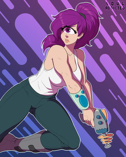 1_eye 5_fingers bottomwear breasts clothed clothing eyelashes female fingers fully_clothed gun hair holding_gun holding_object holding_ranged_weapon holding_weapon long_hair not_furry pants ponytail purple_eyes purple_hair ranged_weapon shirt solo tank_top topwear weapon souladdicted comedy_central futurama turanga_leela cyclops humanoid 2019 4:5 absurd_res digital_media_(artwork) hi_res