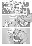 anthro bone canid canine canis comic dialogue domestic_dog english_text furious_(artist) gaping_mouth german_shepherd greyscale groover herding_dog hi_res hug male male/male mammal meatier_shower monochrome muscular open_mouth pastoral_dog scarf tanz text