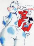 anthro big_butt blue_spots blush bodily_fluids breasts butt dialogue duo ear_piercing ear_ring female fur mascot piercing red_body red_fur ring_piercing spots sweat text white_body white_fur parasitedeath bel_group lactaid lactaid_cow the_laughing_cow bovid bovine cattle mammal hi_res spanish_text traditional_media_(artwork) translated