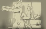 animal_genitalia anthro bed bed_covers bed_sheet bedding bedroom bedroom_eyes duo femboy fully_sheathed furniture genitals male narrowed_eyes open_mouth seductive sheath stretching yawn fisk24 canid canine equid equine fox horse mammal 16:10 hi_res widescreen