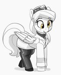 bottomwear clothed clothed_feral clothing eyebrows eyelashes female feral hair hat headgear headwear hooves legwear long_hair pantyhose quadruped simple_background skirt solo tail topwear uniform white_background wings yellow_eyes pabbley friendship_is_magic hasbro my_little_pony mythology derpy_hooves_(mlp) equid equine mammal mythological_creature mythological_equine pegasus 2023 hi_res monochrome spot_color