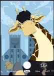 anthro building clothing ear_flaps ear_flick hat headgear headwear horn interface long_neck looking_at_viewer male solo taking_picture text elishiia one_piece kaku_(one_piece) giraffe giraffid mammal colored english_text hi_res