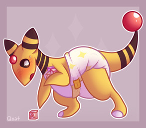ambiguous_gender anthro blush clean_diaper clothed clothing diaper embarrassed padded padding solo wearing_diaper white_diaper qoat nintendo pokemon ampharos generation_2_pokemon pokemon_(species) hi_res