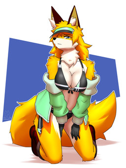 anthro arm_tuft bikini biped blue_eyes boots breasts clothed clothed_anthro clothed_female clothing countershade_torso countershading female fingers footwear front_view fur hair hat headgear headwear inner_ear_fluff jacket kneeling looking_at_viewer neck_tuft shoes shoulder_tuft simple_background solo swimwear tail topwear tuft two-piece_swimsuit visor_cap mykegreywolf yaco_kitagawa canid canine fox mammal 2026 3:4 absurd_res digital_drawing_(artwork) digital_media_(artwork) hi_res
