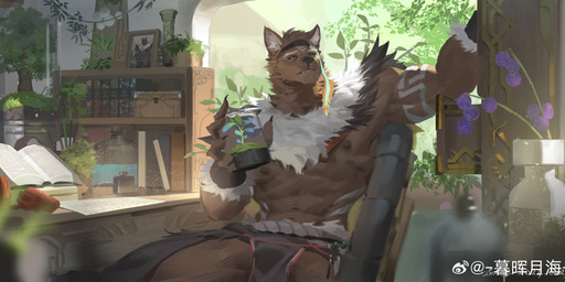 abs anthro black_nose black_sclera book bottomwear brown_body brown_fur bulge clothed clothing front_view fur green_eyes head_tuft heterochromia inside loincloth looking_up male male_anthro markings mouth_closed muscular muscular_anthro muscular_male orange_eyes plant shelf sitting solo topless tuft white_markings awaldkize canid canine mammal 2024 absurd_res dated hi_res signature