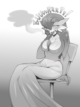 blush breasts burp_cloud burping chair female female_humanoid furniture gradient_background medium_breasts navel onomatopoeia simple_background sitting solo sound_effects text voremaxx nintendo pokemon gardevoir generation_3_pokemon humanoid pokemon_(species) 3:4 greyscale monochrome