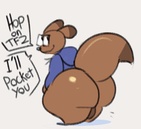 anthro balls big_butt black_eyes black_nose blue_clothing blue_hoodie blue_topwear bottomless bouncing_balls bouncing_butt brown_balls butt clothed clothing dialogue dipstick_ears dipstick_tail ear_markings eyewear genitals glasses hoodie huge_butt huge_thighs looking_back male markings multicolored_ears open_mouth ruderoo shortstack simple_background smile solo speech_bubble tail tail_markings text thick_thighs topwear white_background iamapoliceman hop_on_(meme) kangaroo macropod mammal marsupial 2026 2d_animation animated english_text