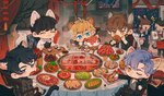 beverage black_hair blonde_hair blue_eyes blue_hair brown_hair chibi chinese_food chopsticks clothed clothing detailed_food dumplings east_asian_food eating eating_food eyes_closed food fruit group hair holding_chopsticks holding_object holding_teapot human_and_animal_ears inner_ear_fluff jiaozi male meat melon multi_ear one_eye_closed open_mouth plant smile tea teapot tuft watermelon watermelon_slice juanmao1997 animal_humanoid cat_humanoid felid felid_humanoid feline feline_humanoid humanoid mammal mammal_humanoid 2022 absurd_res detailed hi_res