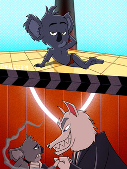 anthro bedroom_eyes biped blue_clothing blue_suit business_suit cigarette clothing duo evil_grin fangs male male/male narrowed_eyes parody red_clothing red_speedo red_swimwear seductive sharp_teeth smile smoking speedo suit swimwear teeth thejayster99 hazbin_hotel hellaverse illumination_entertainment sing_(movie) buster_moon jimmy_crystal arctic_wolf canid canine canis koala mammal marsupial vombatiform wolf 2026 3:4 hi_res shaded signature