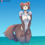 anthro blue_sky blush bottomless breasts brown_body brown_fur brown_tail clothed clothing female front_view fur legs_in_water looking_at_viewer nipple_outline nipples partially_submerged shirt sky solo standing standing_in_water submerged_legs t-shirt tail thick_thighs topwear translucent translucent_clothing water wet wet_clothing wet_shirt wet_topwear wide_hips katfishcom beastars juno_(beastars) canid canine canis mammal wolf 1:1 2020 digital_media_(artwork) portrait shaded three-quarter_portrait