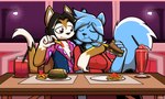 5_fingers anthro anthro_on_anthro arm_around_partner beverage black_body black_fur black_hair black_nose blue_body blue_clothing blue_fur blue_hair blue_shirt blue_topwear breasts brown_body brown_eyes brown_fur burger cheese clothed clothing cute_fangs dairy_products detailed_background duo eating eyes_closed fangs female fingers fluffy fluffy_tail food fries fur gloves_(marking) hair hug inside interspecies ketchup looking_at_another male male/female markings open_clothing open_mouth open_shirt open_topwear pink_clothing pink_shirt pink_topwear red_clothing red_shirt red_topwear romantic romantic_ambiance romantic_couple shirt smile smoothie tail teeth topwear white_body white_fur white_inner_ear felino lettuce_(latexia) peter_(felino) domestic_cat felid feline felis mammal rodent sciurid tree_squirrel 2024 5:3 hi_res