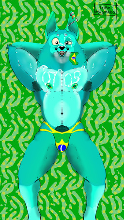 anthro areola armpit_hair barbell_piercing bared_teeth big_muscles biped blue_body blue_fur bodily_fluids body_hair brazilian_flag brazilian_flag_jockstrap bulge clenched_teeth clothed clothing cum cum_drip cum_on_arm cum_on_chest cum_on_face cum_writing cumshot dripping ear_piercing ejaculation fur genital_fluids genitals gold_(metal) gold_jewelry green_nipples industrial_piercing jewelry jockstrap jockstrap_only male male_anthro muscular muscular_anthro muscular_male nipple_barbell nipple_piercing nipples partially_clothed piercing pubes pubes_exposed silver_(metal) silver_jewelry smile solo teeth teeth_showing thick_thighs topless underwear underwear_only loboabismado18 cyberblue18 canid canine canis mammal wolf 9:16