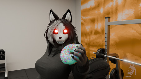 anthro barbell big_breasts black_clothing black_sweater black_topwear bone breasts clothing dessert doughnut dumbbell eyebrows female food glowing glowing_eyes grey_body gym hair holding_food holding_object inside looking_at_viewer pastry red_eyes skull skull_head solo sweater topwear weights bishopenjoyer zoidrawzaton_(modeler) mal0vent scp_foundation scp-1471-a scp-1471-a_(mal0vent) canid canine malo mammal skull_dog 16:9 2025 3d_(artwork) blender_(artwork) blender_cycles_(artwork) digital_media_(artwork) hi_res watermark widescreen