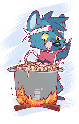 anthro blue_body blue_fur cooking egg fire food fur male noodles ramen solo tongue tongue_out wood yellow_eyes herutastic hi_res