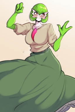 3_fingers blush breasts chest_spike clothing dress female female_humanoid fingers green_body green_eyes green_hair hair not_furry red_eyes solo spikes spikes_(anatomy) white_body saltyxodium nintendo pokemon gardevoir generation_3_pokemon humanoid pokemon_(species) 2026 absurd_res hi_res