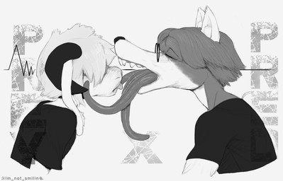anthro bodily_fluids clothed clothing duo french_kissing fur horn kissing licking_tongue long_tongue male male/male multi_tongue nerd saliva saliva_on_tongue saliva_string simple_background size_difference teeth text tongue tongue_out xsad_manx fac_hasber bovid bovine canid canine caprine fox goat mammal sheep digital_media_(artwork) monochrome