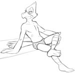 anthro barefoot beak briefs clothed clothing colored_underwear feet hand_on_knee hand_on_leg male navel simple_background sitting solo topless underwear white_background thegreatmatsutzu nintendo star_fox falco_lombardi avian bird black_and_white monochrome sketch