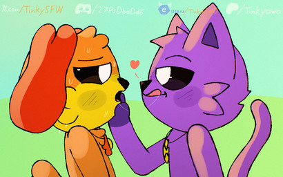 after_kiss anthro black_eyes blush blush_lines bodily_fluids charm_(jewelry) duo fluffy fur half-closed_eyes hand_on_head hands_on_mouth heart_symbol jewelry licking male moon narrowed_eyes necklace orange_body orange_fur outside pupils purple_body purple_fur raised_tail saliva saliva_string sweat sweatdrop tail text tongue tongue_out white_pupils yellow_body yellow_fur tinky mob_entertainment poppy_playtime smiling_critters catnap_(poppy_playtime) dogday_(poppy_playtime) canid canine canis domestic_cat domestic_dog felid feline felis mammal 16:10 hi_res url widescreen