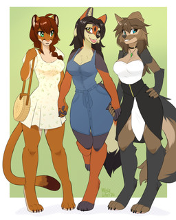 anthro biped bottomwear breasts choker claws clothed clothed_anthro clothed_female clothing countershade_torso countershading dress feet female fingers front_view fully_clothed fully_clothed_anthro fully_clothed_female fur group hair hand_holding inner_ear_fluff jewelry looking_at_viewer necklace simple_background standing tail toes topwear trio tuft wolflady canid canine canis cougar coyote felid feline mammal 2026 4:5 digital_drawing_(artwork) digital_media_(artwork)