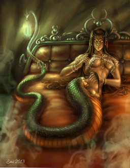 5_fingers accessory apode areola bangle bed bracelet breasts brown_hair butt clothed clothing dark_body dark_skin egyptian egyptian_clothing female fingers furgonomics furniture green_body green_scales hair head_jewelry holding_hair jewelry lamp lantern legless long_hair looking_at_viewer lying necklace on_back partially_clothed pupils rattle_(anatomy) scales serpentine slit_pupils smoke solo split_form tail tail_accessory tail_jewelry touching_hair usekh yellow_body yellow_scales yellow_sclera ninsianna animal_humanoid draconcopode echidna humanoid lamia mammal monotreme pit_viper rattlesnake reptile reptile_humanoid scalie scalie_humanoid snake snake_humanoid viper 2013 digital_media_(artwork) signature