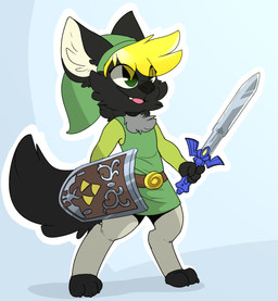 anthro barefoot belt biped black_body black_fur blonde_hair chest_tuft claws clothed clothing cosplay cute_fangs fangs feet fur green_eyes hair hat headgear headwear legwear male master_sword melee_weapon open_mouth shield shirt simple_background solo sword teeth tights topwear tuft tunic weapon backsash nintendo the_legend_of_zelda link windy_(herrdeswindes) canid canine canis mammal wolf digital_media_(artwork) hi_res shaded