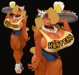 5_fingers accessory anthro bedroom_eyes beer_mug big_breasts bimbo_anthro bottomwear breasts chicken_wings claws clothing crop_top female fingers flower flower_in_hair flower_necklace footwear hair hair_accessory hair_over_eye hooters_uniform hotpants huge_breasts lips looking_at_viewer muscular muscular_female narrowed_eyes one_eye_obstructed plant scut_tail seductive shirt shoes short_tail shorts side_boob sneakers socks solo tail thick_lips thick_thighs tiki toned_legs topwear tray wide_hips crabtopus activision crash_bandicoot_(series) hooters doctor_neo_cortex tawna_bandicoot bandicoot mammal marsupial absurd_res hi_res