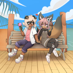 accessory anthro beach bench biped black_body black_nose bottomwear brown_body clothed clothing dessert dress duo eye_contact eyebrows female floppy_ears fluffy fluffy_tail folded_ears food footwear front_view hair hair_accessory heart_symbol holding_food holding_ice_cream holding_object ice_cream jacket long_hair looking_at_another looking_at_partner male male/female multicolored_body on_bench open_mouth pants pink_hair pink_nose red_clothing red_dress shirt shoes short_hair sitting sitting_on_bench sneakers tail tongue tongue_out topwear two_tone_body white_clothing white_footwear white_hair white_jacket white_shoes white_sneakers white_topwear young young_anthro young_female young_male pucco nikki_(nikkithetanuki) shane_boder_(shaneandco) canid canine canis dobermann domestic_dog mammal mastiff mixed_breed molosser pinscher raccoon_dog rottweiler tanuki 1:1 2025 absurd_res hi_res