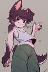 2024 5_fingers acorn_furry anthro blush canid canine canis claws clothed clothing digital_media_(artwork) domestic_dog finger_claws fingers floppy_ears fur girly hair hi_res kemono looking_at_viewer low-angle_view male male_anthro mammal midriff navel shirt short_hair solo tail tank_top topwear young young_anthro young_male