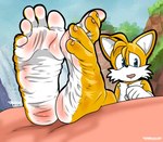 2_tails 5_toes anthro barefoot big_feet feet fluffy_chest foot_fetish foot_focus fur humanoid_feet looking_away male male_feet multi_tail outside plantigrade soles solo spread_toes tail toes two_tone_feet white_soles wrinkled_feet wrinkles yellow_body elricalde sega sonic_the_hedgehog_(series) miles_prower canid canine fox mammal hi_res