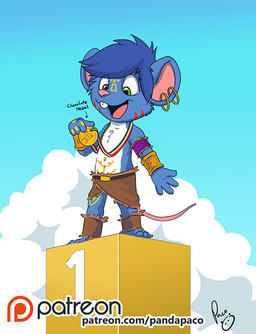 anthro blue_body blue_fur blue_hair blue_sky clothed clothing cloud ear_piercing ear_ring fur green_eyes hair happy heterochromia logo male markings medal open_mouth open_smile piercing pink_inner_ear pink_tail pink_tongue red_eyes red_markings ring_piercing short_hair sky smile solo standing tail tongue white_body white_fur yellow_markings young young_anthro young_male pandapaco chopper_atbong mammal mouse murid murine rodent 2016 artist_logo signature