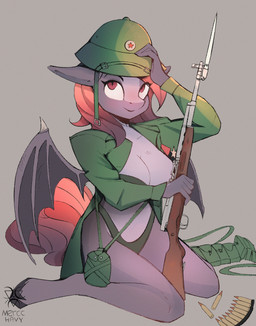 ammunition anthro armor bra breasts clothing female gun headgear helmet looking_at_viewer ranged_weapon rifle smile solo underwear uniform vietnam weapon mercchav hasbro my_little_pony athanasia_(sunder) fan_character bat_pony equid mammal absurd_res hi_res