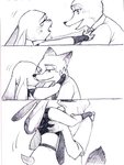 2016 anthro bodily_fluids canid canine clivef clothed clothing comic crying disney duo fox fur judy_hopps lagomorph leporid lifting mammal monochrome nick_wilde open_mouth rabbit red_fox tears true_fox zootopia