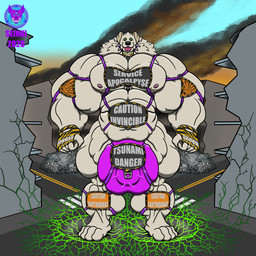4_toes anthro big_bulge big_muscles big_pecs bulge city collar cracked_ground cracks destruction feet harness huge_bulge huge_muscles hyper hyper_bulge hyper_muscles macro male musclegut muscular nipples pecs rubble solo spiked_collar spikes toes warning_sign seinki canid canine canis domestic_dog kuvasz livestock_guardian_dog mammal pastoral_dog 1:1 hi_res