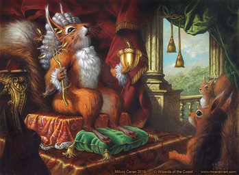 ambiguous_gender chair column curtains detailed_background furniture group holding_branch holding_nut open_mouth pillow sitting tail text throne whiskers wig milivoj_ceran hasbro magic:_the_gathering wizards_of_the_coast mammal rodent sciurid tree_squirrel 2016 official_art url