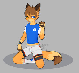 anthro batman_logo blue_clothing blue_shirt blue_topwear bottomwear brown_ears brown_fingers brown_hair brown_tail_tip clock clothing dipstick_tail footwear front_view fur hair heterochromia kneeling male markings midriff orange_body orange_fur pawpads shirt short_sleeved_shirt short_sleeves shorts socks solo sportswear tail tail_markings tongue tongue_out topwear watch white_bottomwear white_clothing white_footwear white_shorts white_sleeves white_socks young young_anthro young_male cozywaves canid canine fox mammal colored colored_line_art hi_res