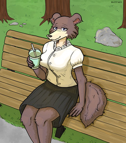anthro bench beverage bottomwear cheek_tuft clothed clothing detailed_background facial_tuft female gesture hand_gesture humanoid_hands looking_at_viewer outside sitting skirt smile solo text tuft v_sign obscureaccretion beastars juno_(beastars) canid canine canis mammal wolf 2025 artist_name hi_res