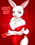 anthro big_breasts breasts card cleavage clothed clothing dress female fur green_eyes jewelry looking_at_viewer necklace red_clothing red_dress scut_tail short_tail solo tail text white_body white_fur zebra10045 liar's_bar cupcake_(liar's_bar) lagomorph leporid mammal rabbit english_text hi_res